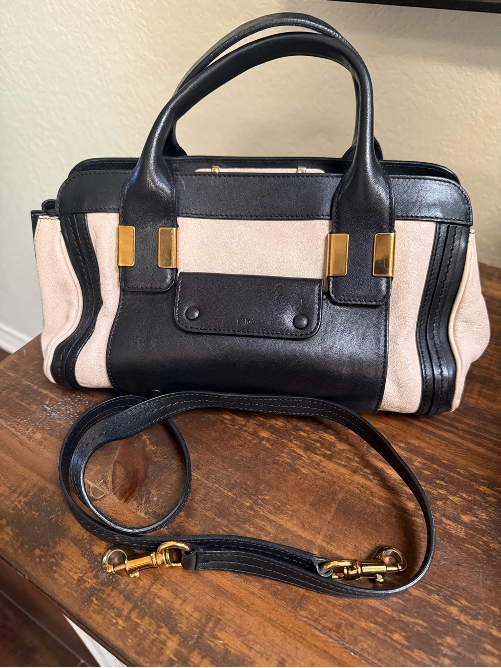 Chloé Alice Medium Leather Satchel Black Cream 2-Way Crossbody